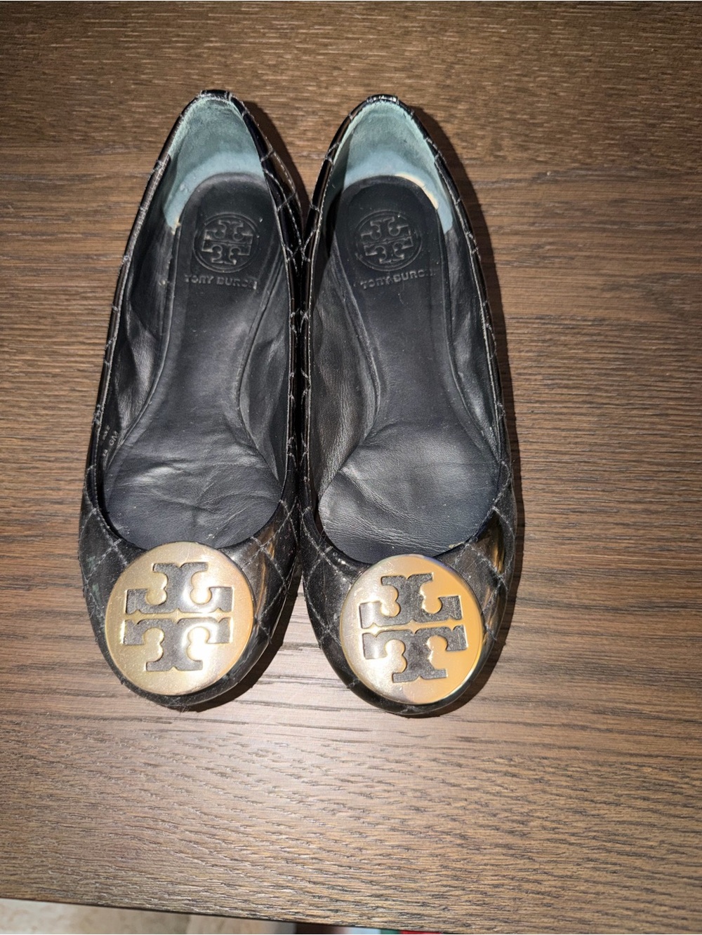 Tory Burch Black Quilted Leather Ballet Flats with Gold Logo Medallion